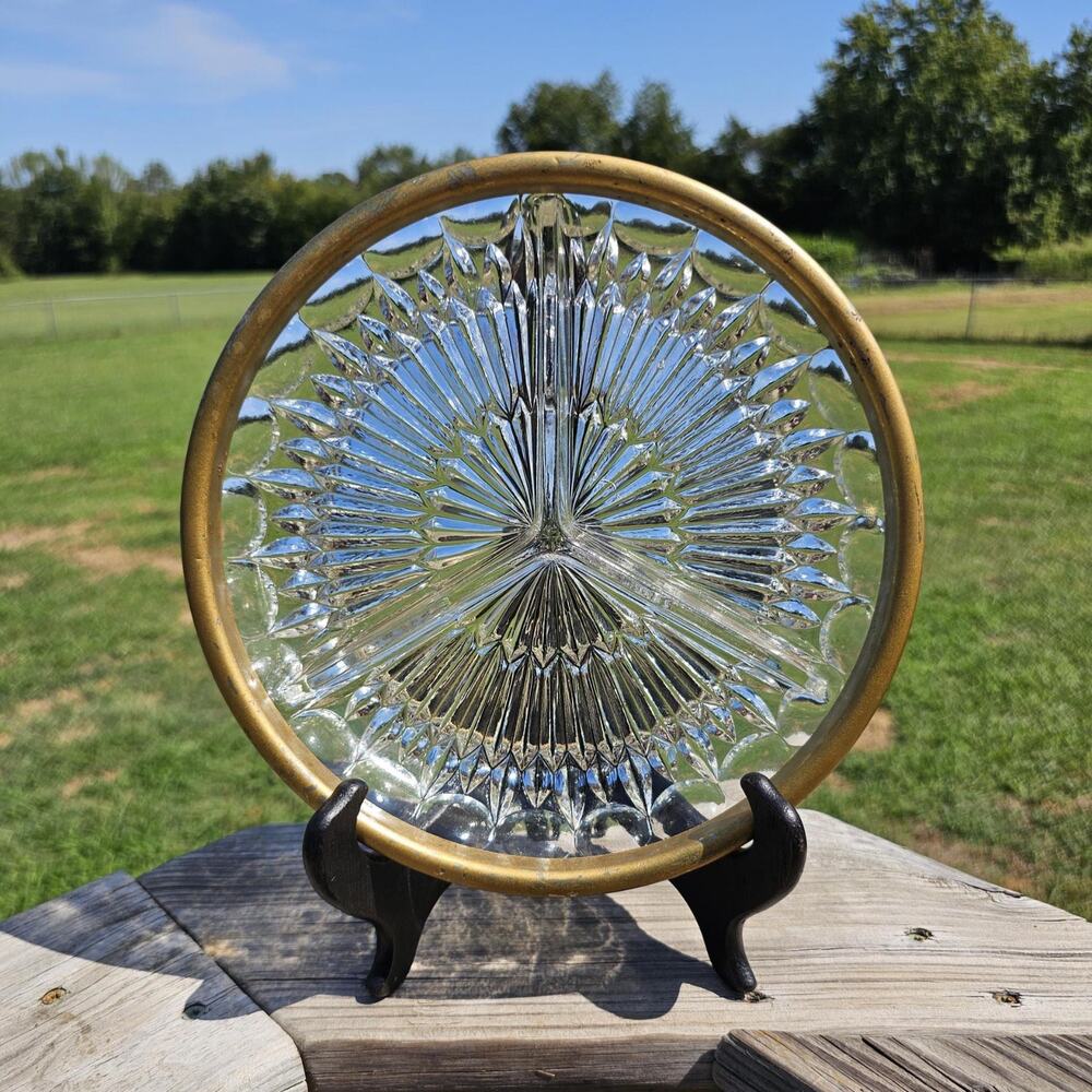 Vintage Cut Crystal 3 Section Divided Serving Bowl with Gold Metal Ring